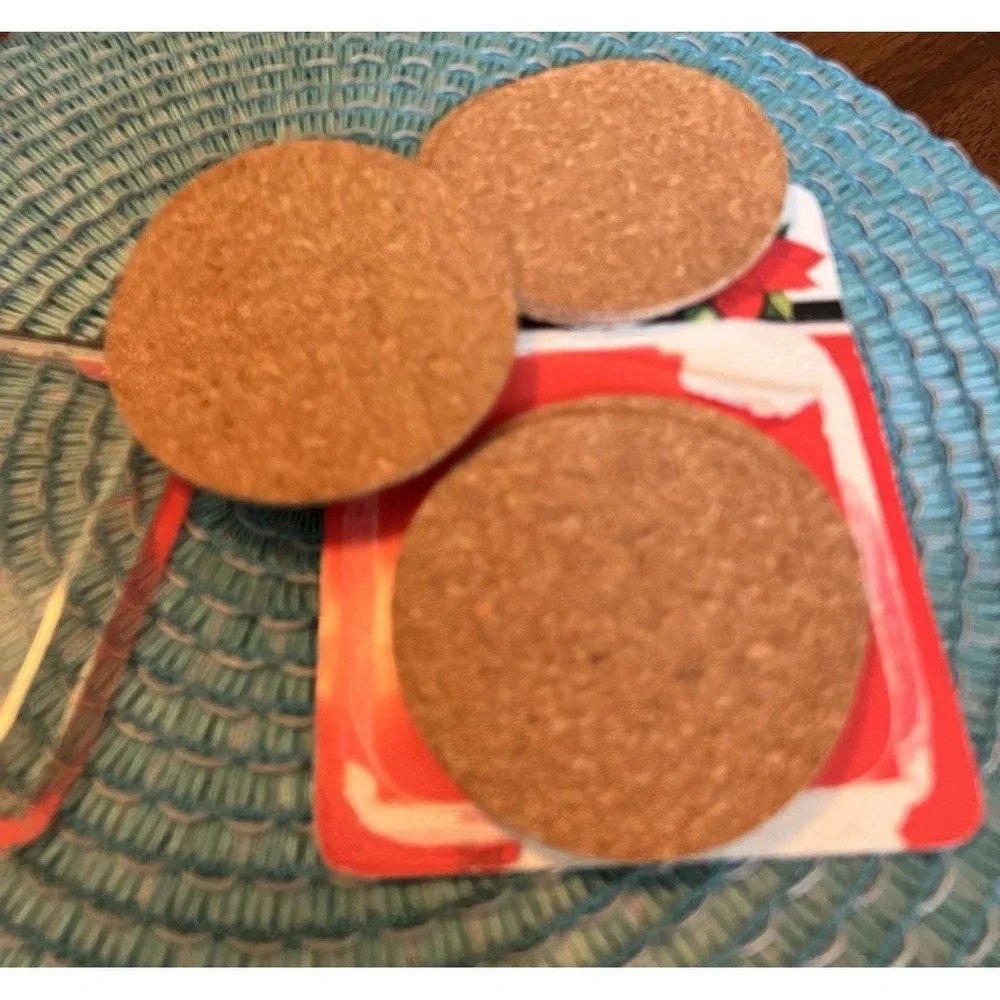 Vintage Conimar Holiday Coasters Poinsettia Pine Cork Set of 6 Christmas 3 3/4